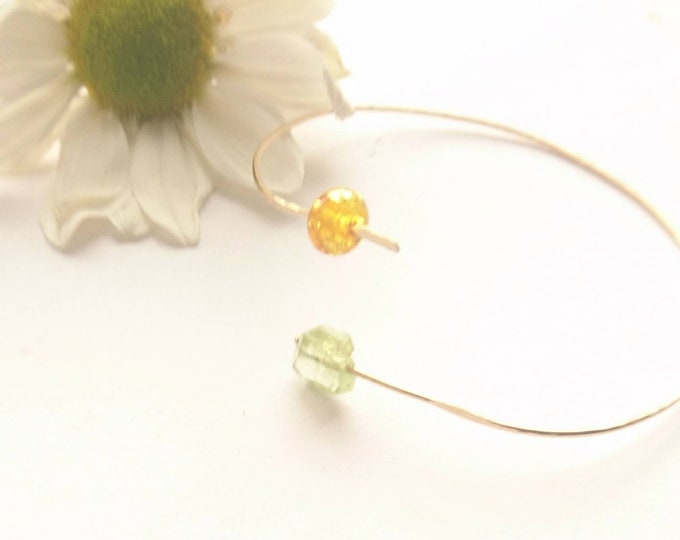Peridot and baltic amber bypass bangle, multi gemstone open bangle, August birthstone birthday gift for her