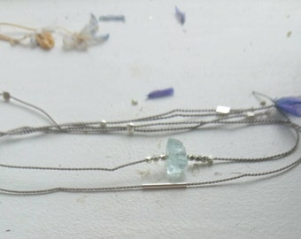 Set of two silk cord bracelets with sterling silver and raw aquamarine, best friend gift, stacking bracelets