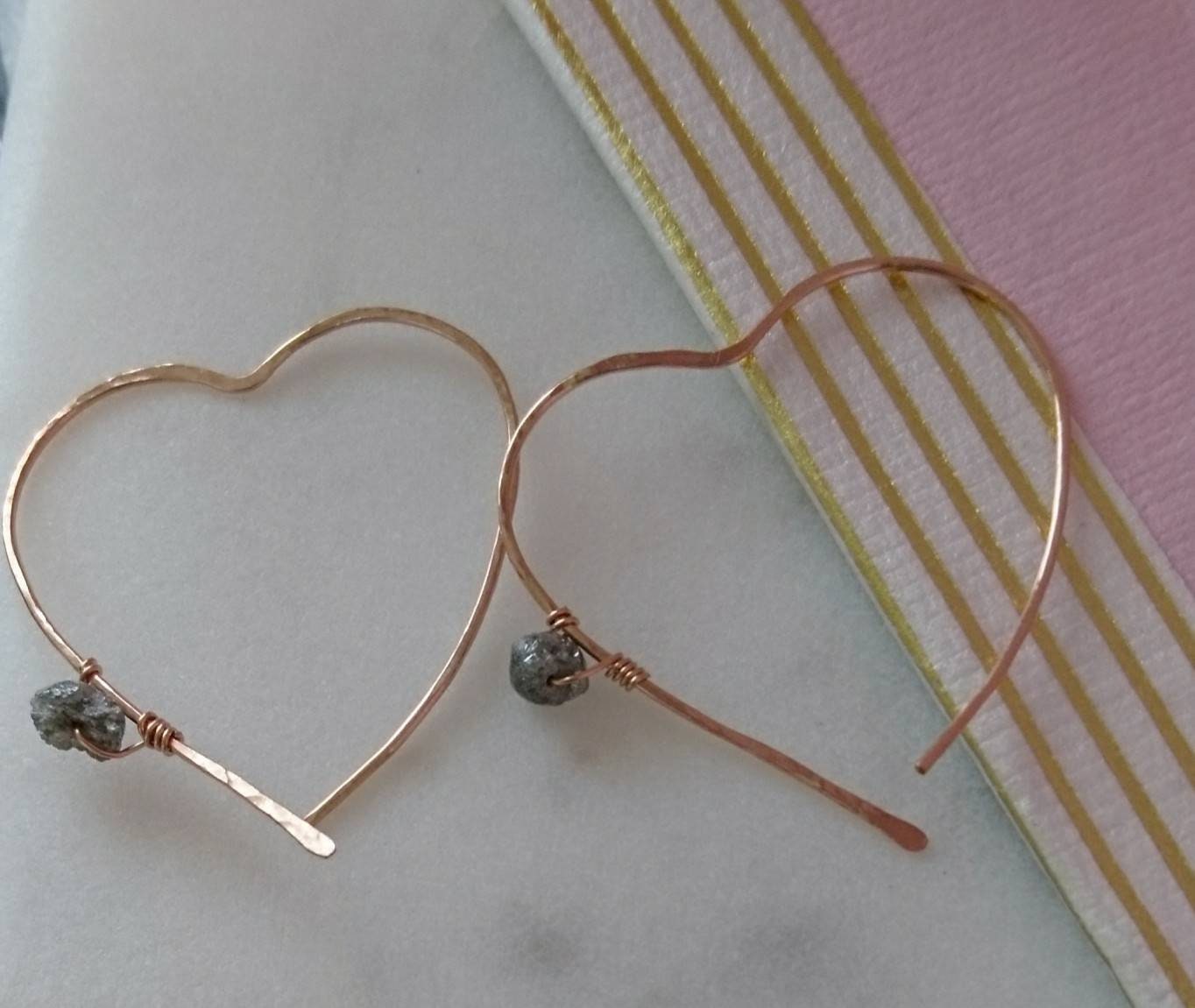 Hammered threader heart earrings, raw diamond rose gold earrings