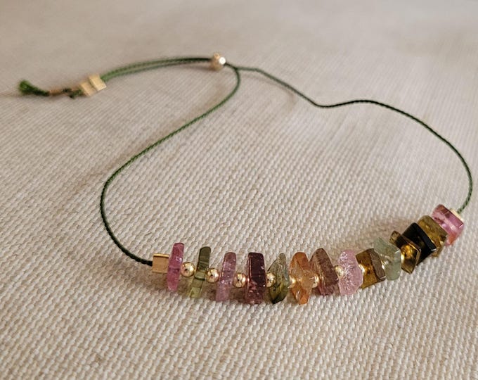 Watermelon tourmaline  bracelet, silk cord jewelry with multi coloured gemstones, bestie gift