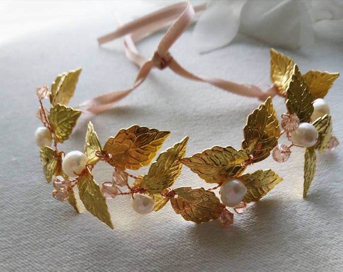 Greek goddess bracelet, woodland wedding, autumn jewelry, fall jewelry, rustic wedding,gold leaf jewellery,gold leaves and pearls