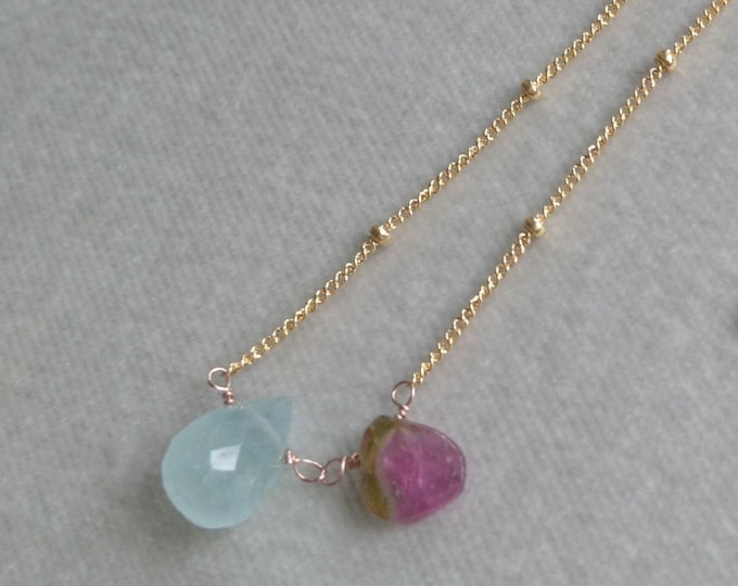 Summer boho necklace, Raw aquamarine and watermelon tourmaline necklace, crystal necklace,  delicate layering