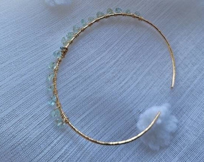 Raw aquamarine bracelet in rose gold 14k filled, open bangle with diamond, raw stone bracelet,  March birthstone gift for her