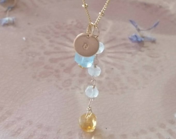 Multi gemstone charm pendant necklace on 14k gold fill satellite chain with personalised tag, aquamarine, citrine and moonstone necklace