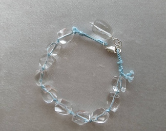 Clear quartz nugget bracelet, rock crystal bracelet, silk cord jewellery, summer bracelet, semi precious stone jewelry, gift for her, blue