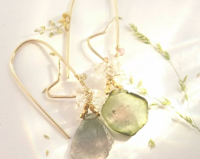 Watermelon tourmaline earrings, one of a kind heart and drop earrings with herkimer diamonds,