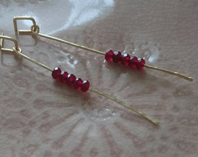 Ruby earrings, July birthstone jewellery, best friend present, long hammered stick earrings, gift for her, boho chic summer jewelry, handmad