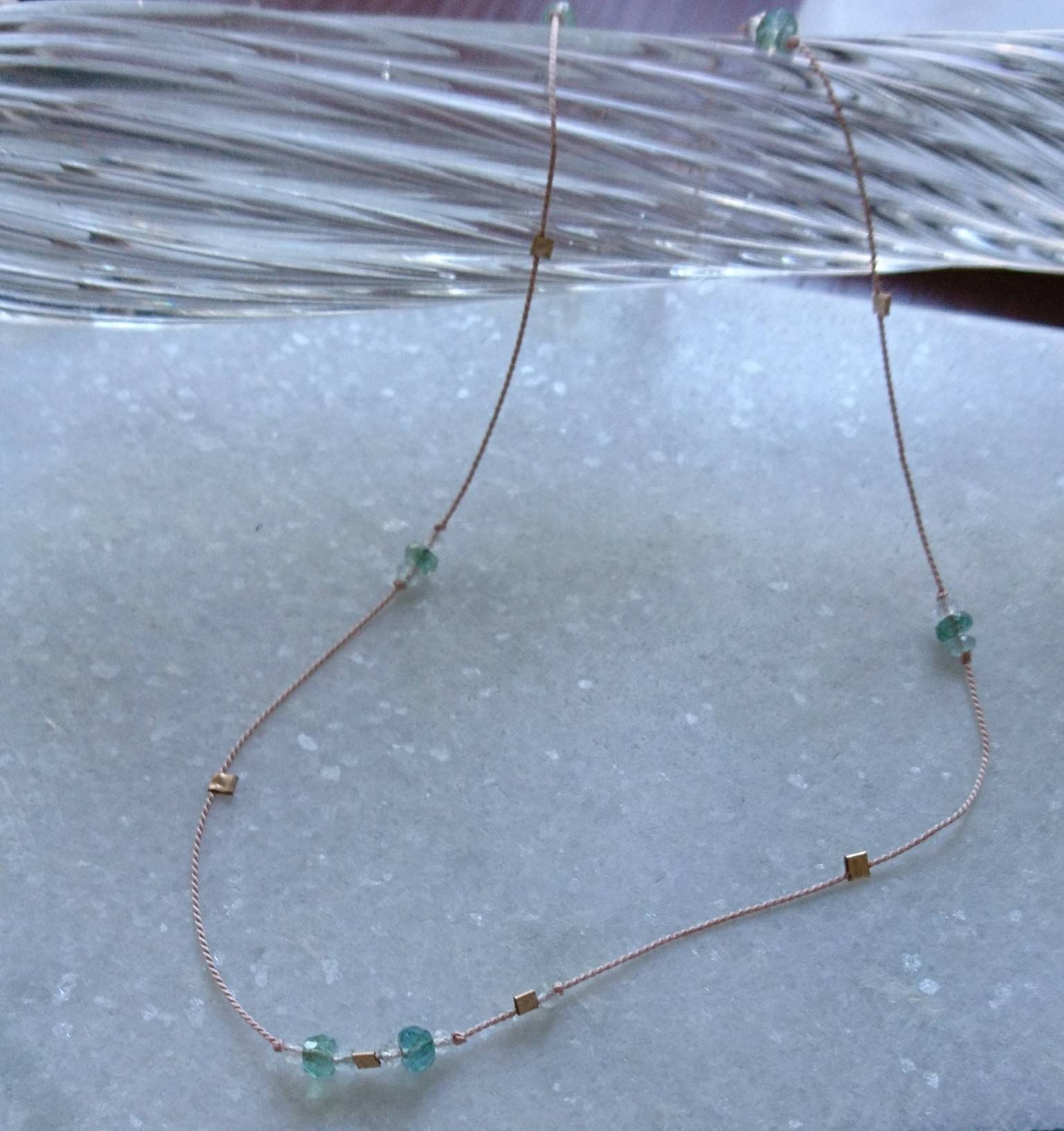 Silk cord necklace with emerald, moonstone and aquamarine, multi