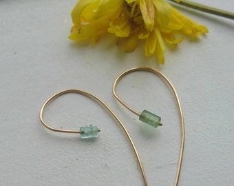 Raw green tourmaline threader earrings in 14k gold fill
