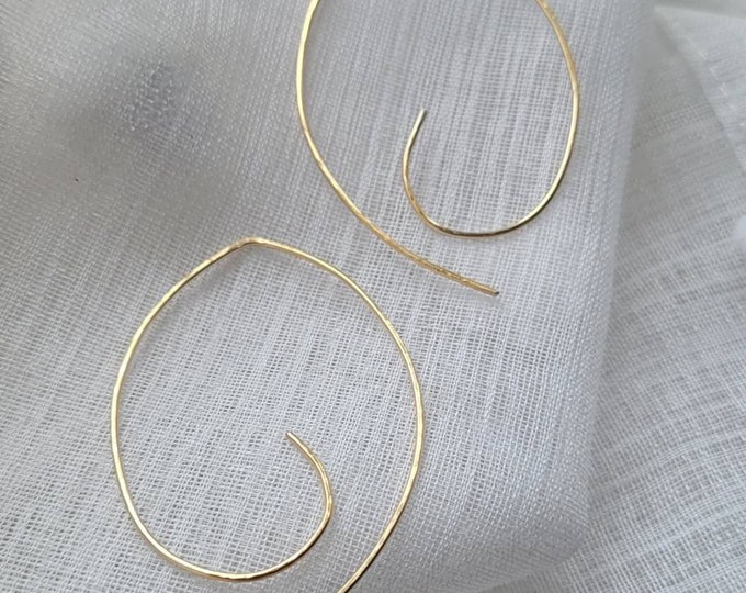 Simple spiral earrings in 14k gold fill, hammered contemporary threader earrings