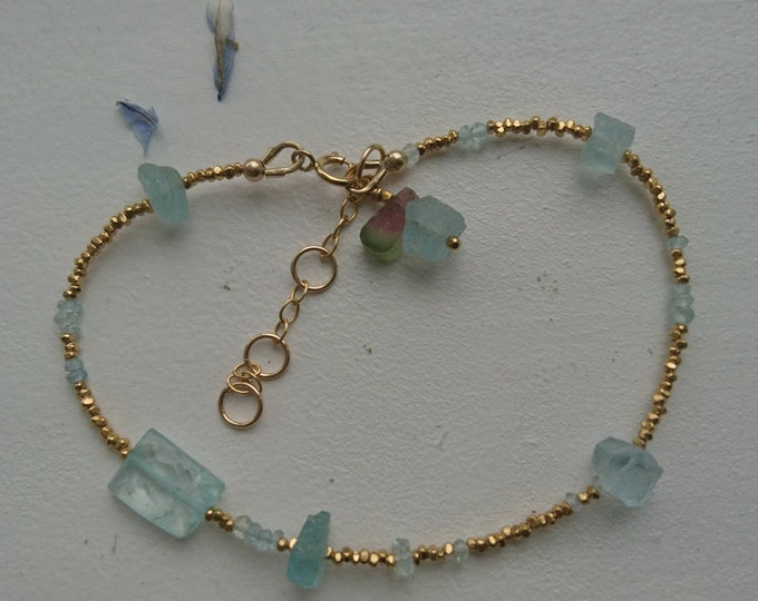 Aquamarine bracelet with gold vermeil beads and watermelon tourmaline charm and personalised tag, gift for her birthday, March birthstone,