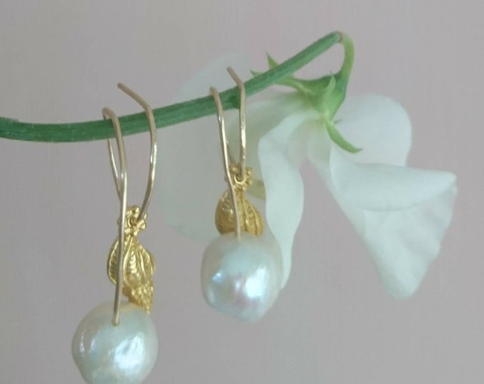 Baroque pearl earrings, gold shell earrings with pearls, sirens song