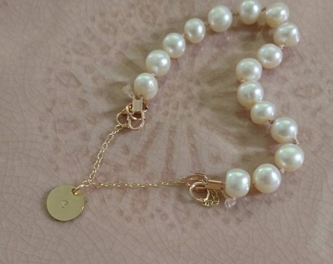 Personalised pearl bracelet, hand knotted, June birthday, gift for her, disc charm jewellery,