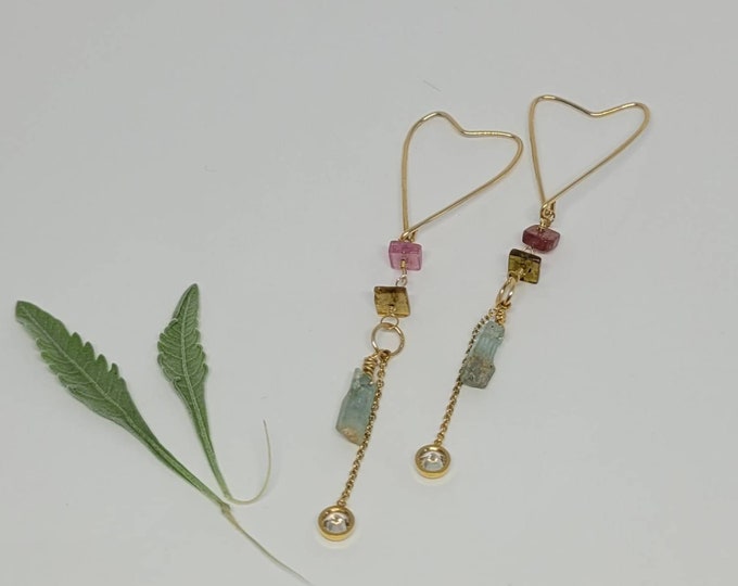 Heart earrings with watermelon tourmaline and aquamarine, delicate earrings, heart jewelry, valentine gift, anniversary gift