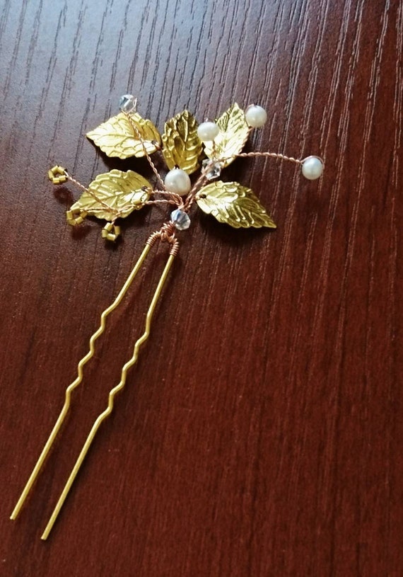 Gold leaf hairpins with freshwater pearls and Swarovski crystals, woodland wedding, Grecian goddess,