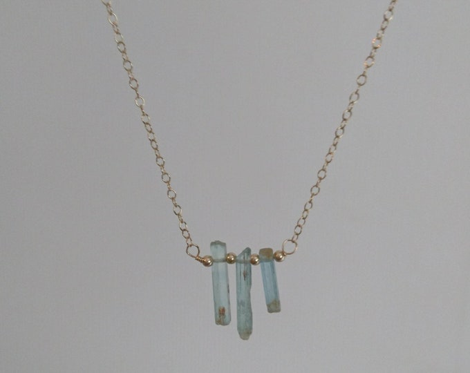 Raw aquamarine necklace in 14k gold fill chain, three batons  necklace with gold beads, modern minimal elegance, one of a kind