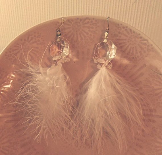 Feather earrings, upcycled jewellery, chandelier earrings, statement jewellery, unique design jewelry, boho luxe, boutique jewellery, gift