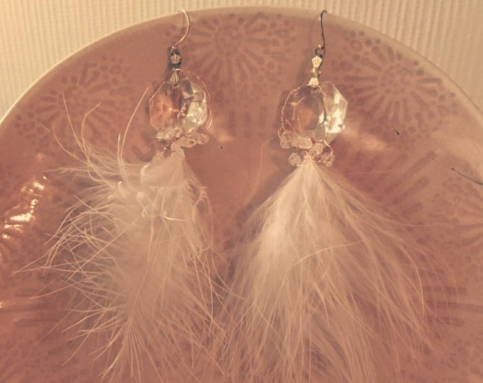 Feather earrings, upcycled jewellery, chandelier earrings, statement jewellery, unique design jewelry, boho luxe, boutique jewellery, gift