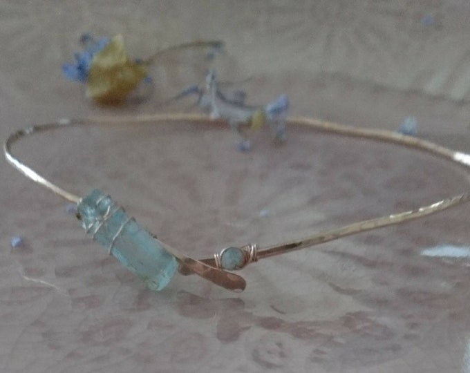 Raw aquamarine and raw faceted diamond bangle in 14k rose gold fill, multi gem jewellery