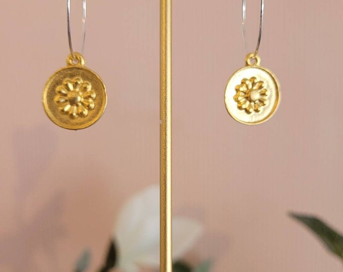 Gold daisy earrings, flower drop hoops, hoops with charms