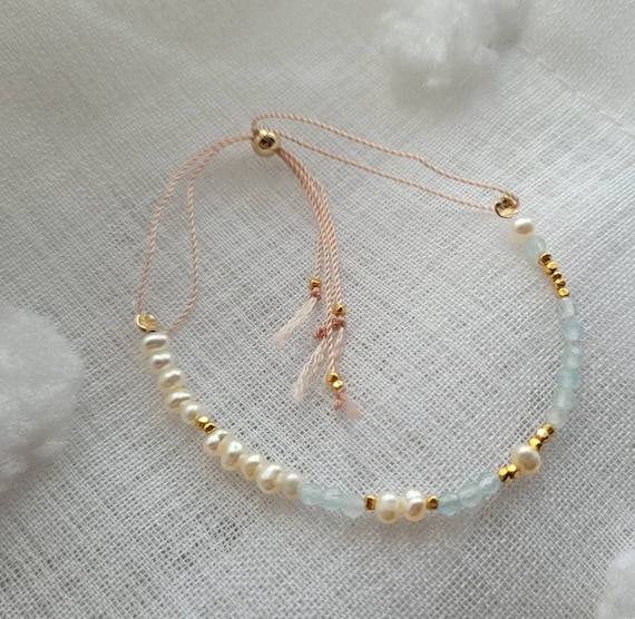 Aquamarine and seed pearl adjustable cord bracelet, March birthstone gift for her