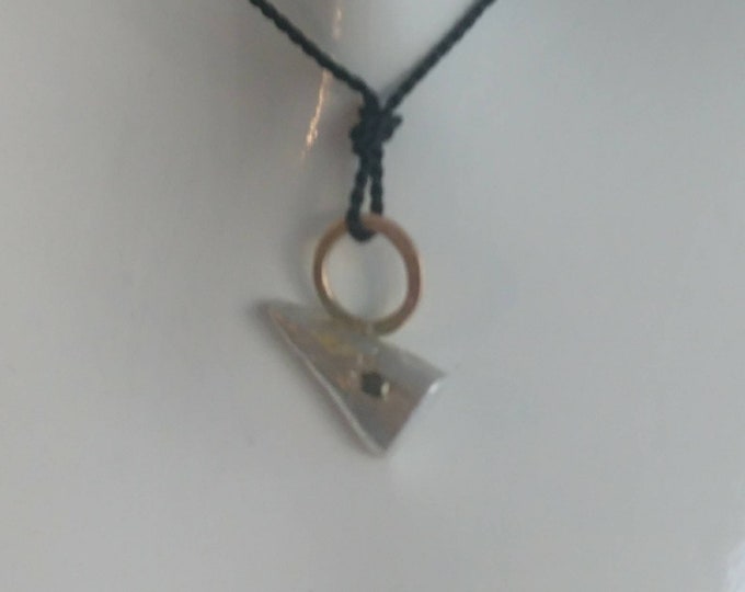 Raw diamond charm, sterling silver triangle pendant on silk cord