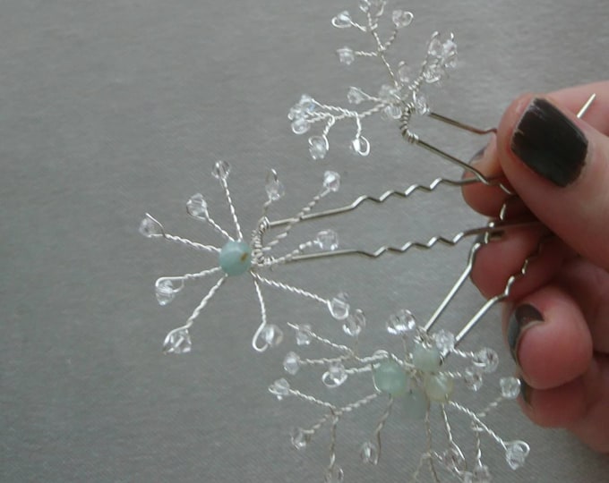 Snowflake hair pins, winter wedding, bridal hair pins, Christmas party, crystal gemstone snowflake, something blue, crystal snowflake