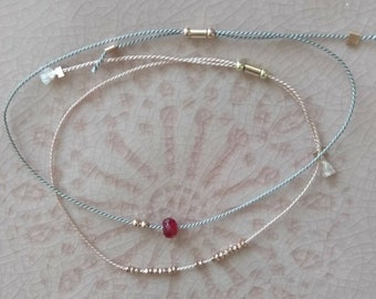 Set of two silk bracelets, July ruby bracelet and bracelet with rose gold vermeil nuggets,minimal jewelry,  bestie gift,
