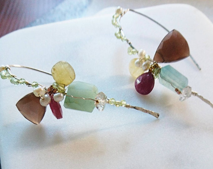 Unique Multi gemstone threader earrings, statement jewellery, glamorous rocks