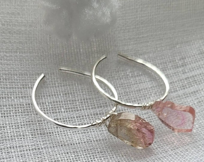 Watermelon tourmaline sterling silver hoops