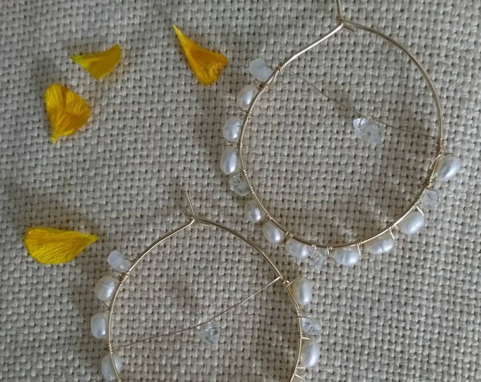 Freshwater pearl hoops,  herkimer diamond and pearl earrings,June birthstone, birthday gift for her, for mum, best friend, niece