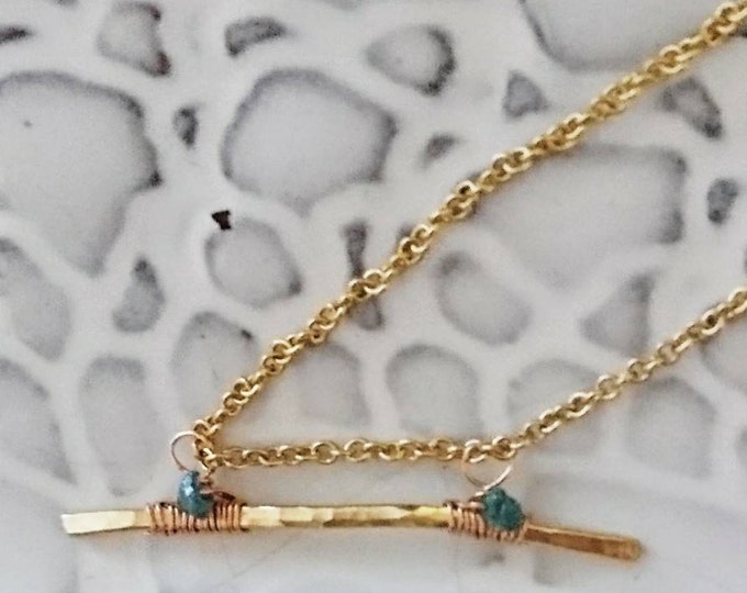 Raw blue diamond hammered bar necklace, 18ct gold, artisan design, birthstone for April, Valentine gift for her, urban chic,