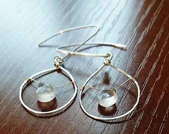 Rose quartz hoop earrings with raw diamonds,teardrop hoop earrings,jewellery silver, birthday gift for her, statement delicate earrings
