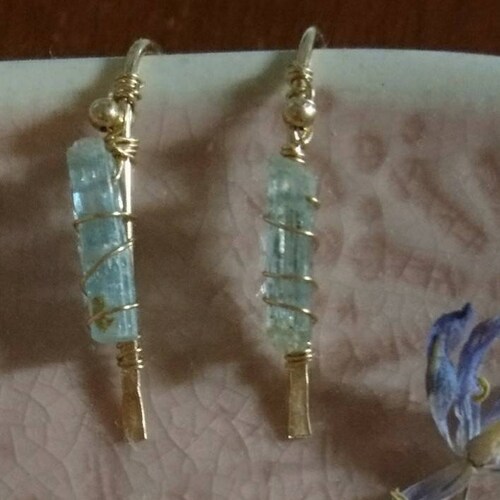 Raw aquamarine earrings, cheapest March birthstone, modern chic gift for girlfriend, mum, wife