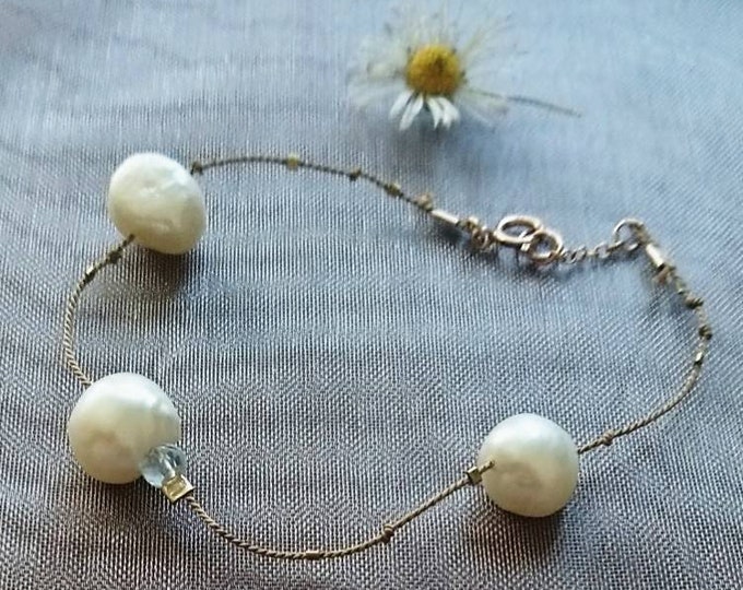 Three large pearl cord bracelet with aquamarine, boho jewellery, unique silk cord jewelry, June birthstone, March birthstone, multi stone