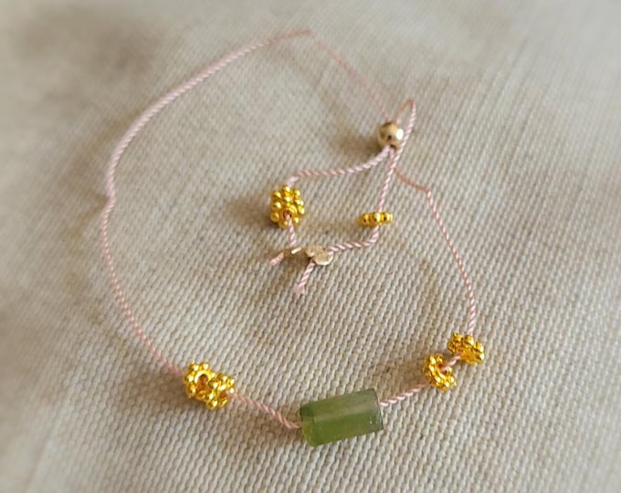 Green tourmaline adjustable bracelet, gold and green, on trend green-friendship bracelet