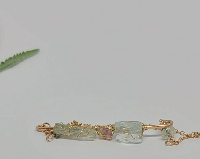 Aquamarine and watermelon tourmaline wire wrapped bar bracelet, raw gemstone jewelry