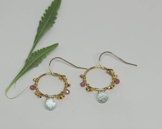 Aquamarine and tourmaline hoops, Gemstone circle earrings, tourmaline jewellery, Hoop drop earrings with aquamarine and pink tourmaline