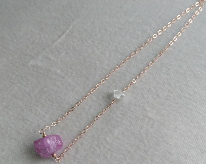 Raw Pink sapphire necklace with herkimer diamonds, boho luxe, September birthstone jewelry , sapphire jewelry, chic minimal necklace, dainty