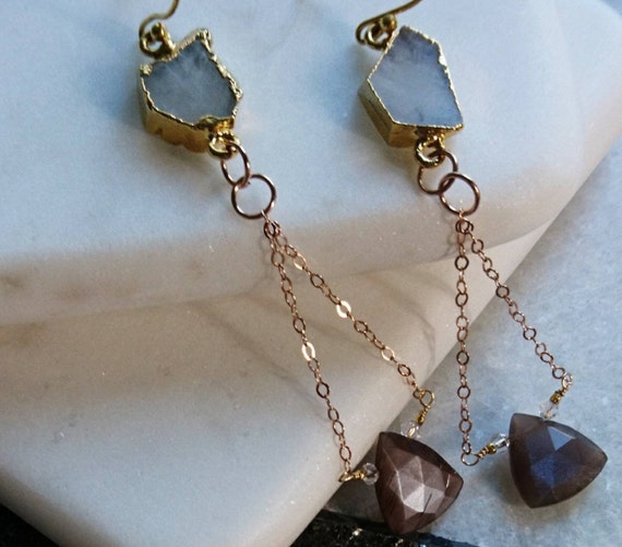 Moonstone slices and chocolate moonstone chain drop earrings, mixed gemstones, Christmas party