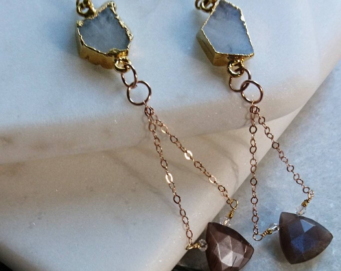 Moonstone slices and chocolate moonstone chain drop earrings, mixed gemstones, Christmas party