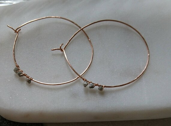 Raw diamond hoop earrings , girlfriend birthday boho chic, contemporary elegance, rose gold hoops, April birthstone, gift