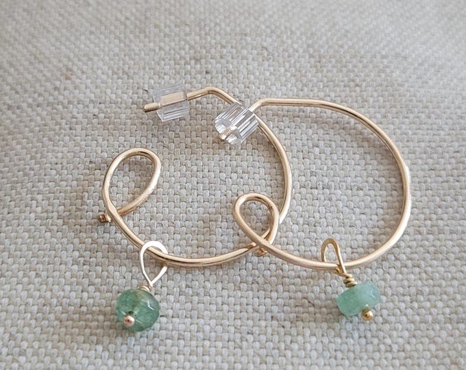 Emerald hoop earrings for May birthday, drop earrings, open hoops with dainty gemstone drops