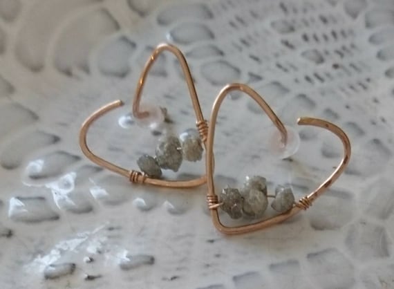 Raw diamond heart earrings valentines gift for her, April birthday gift for her, unique earrings,