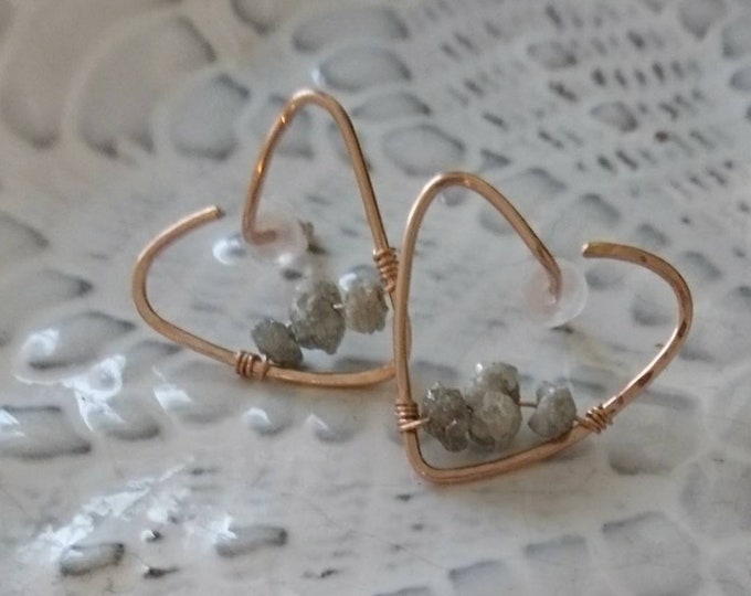 Raw diamond heart earrings valentines gift for her, April birthday gift for her, unique earrings,