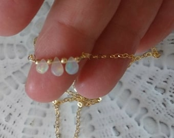 Tiny three opal bar necklace in 14k gold fill chain and smooth 14k gold fill beads