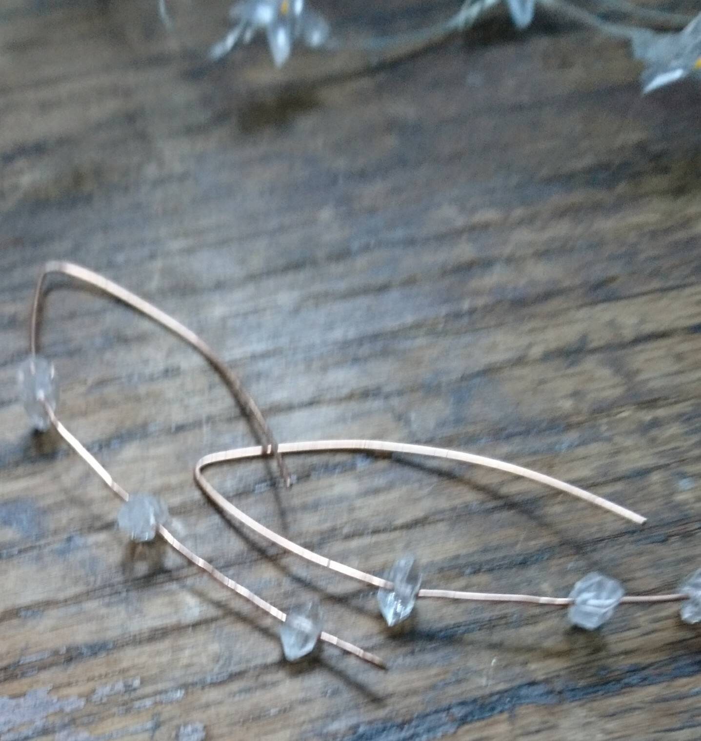Herkimer diamond threader earrings, contemporary arc earrings, hammered