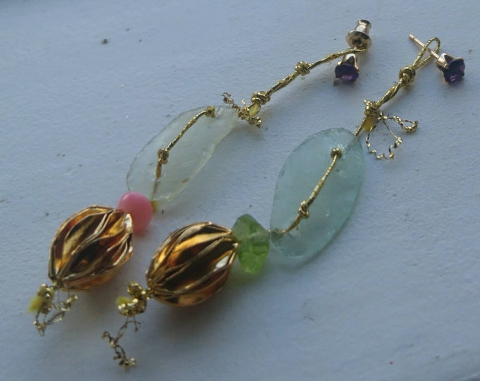 Roman glass earrings, Unique drop earrings with Roman glass and gemstones