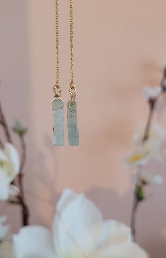 Raw aquamarine threader earrings, recycled 14k gold filled drop earrings