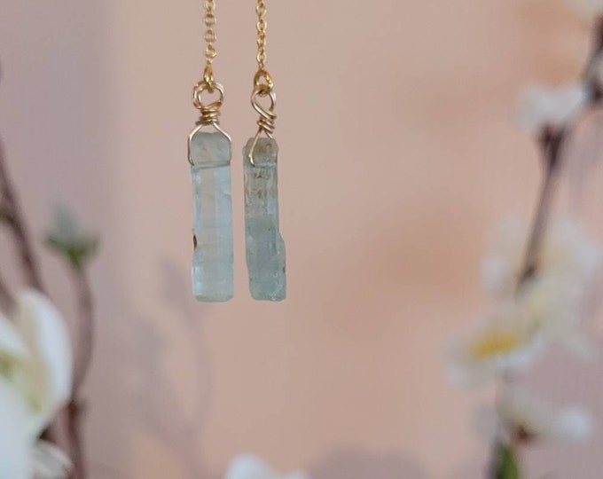 Raw aquamarine threader earrings, recycled 14k gold filled drop earrings